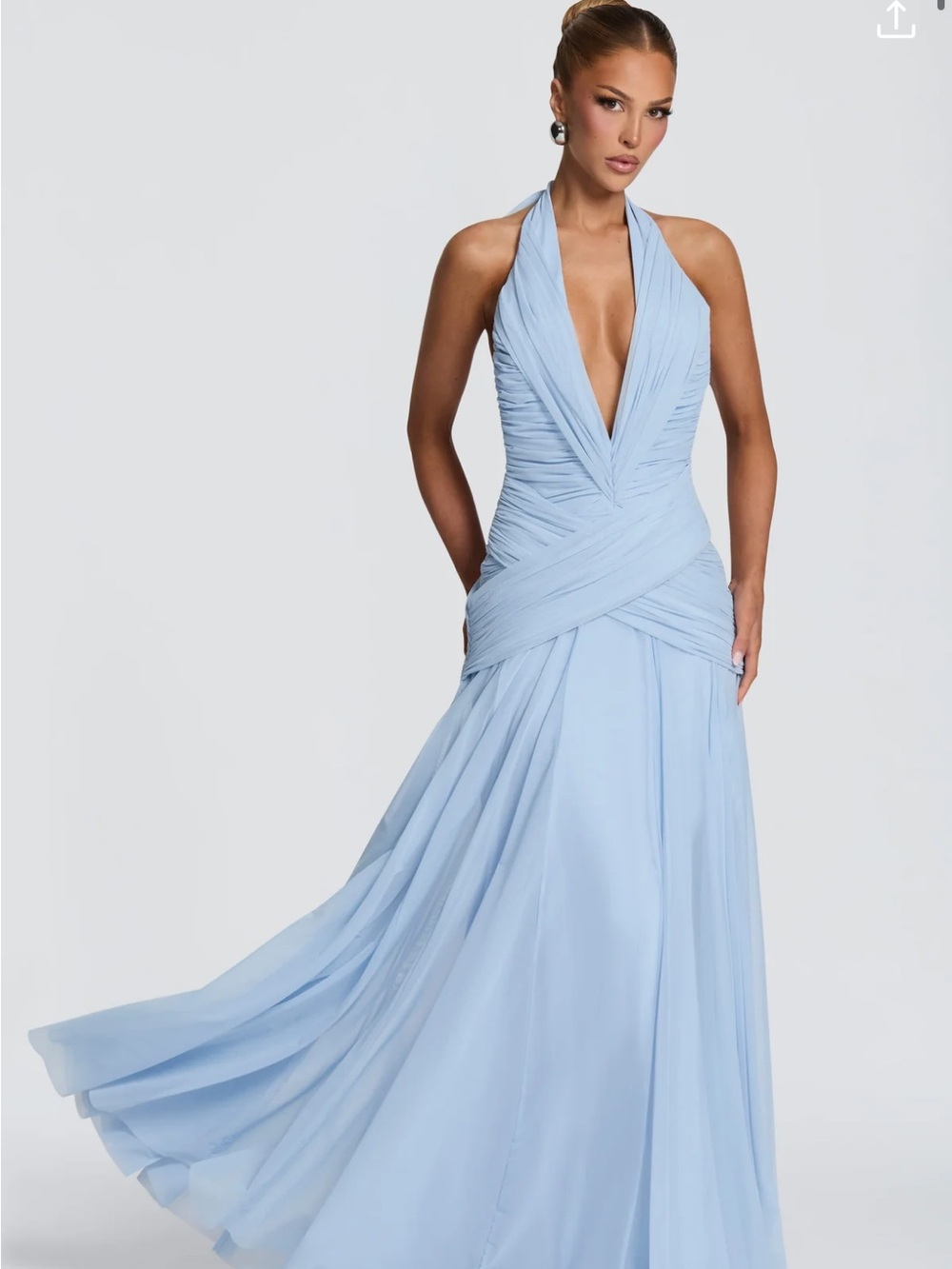 Elegant Light Blue Halter Maxi Dress with Draped Bodice